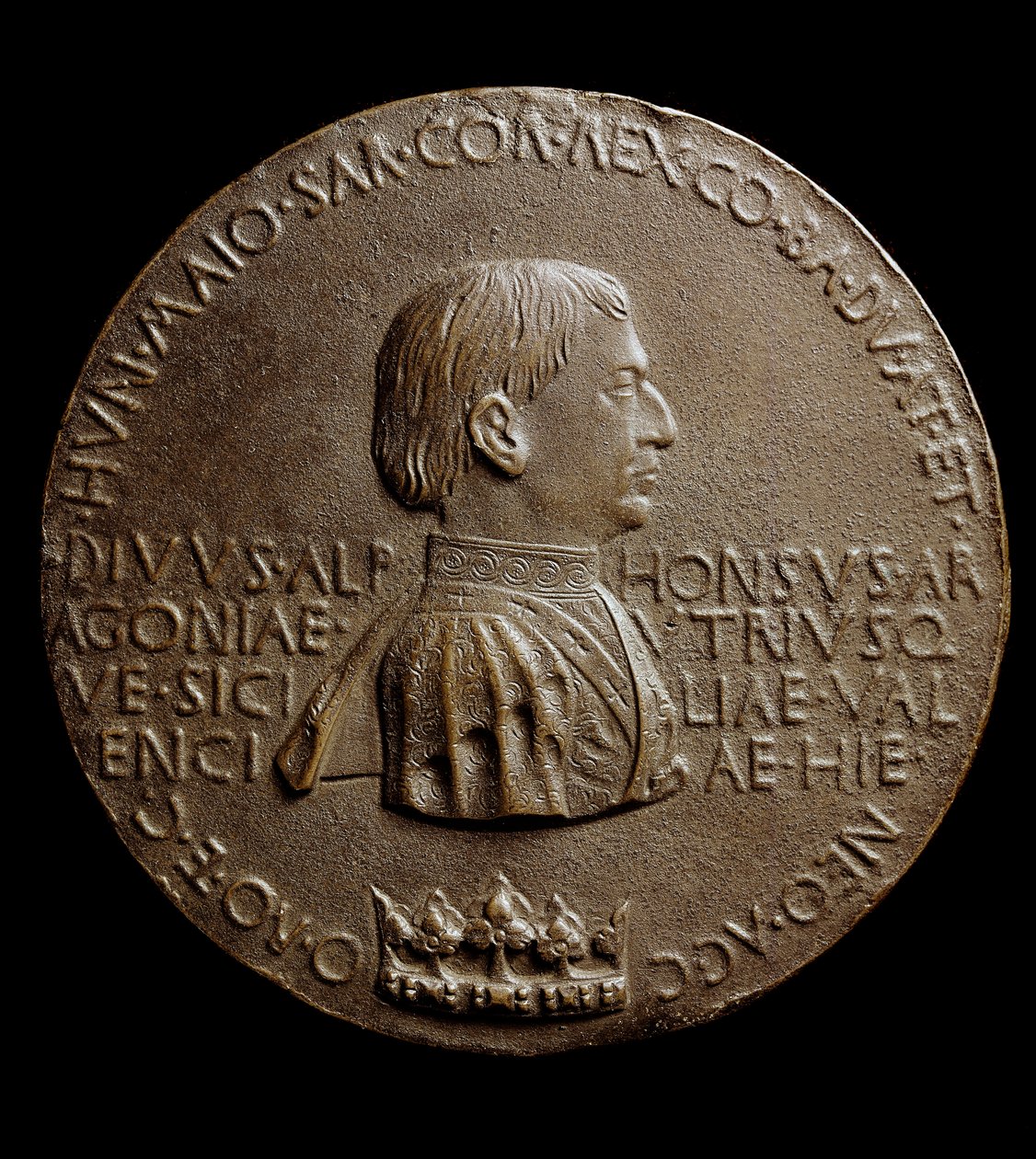 Aragóniai V. Alfonz érme (Magnanimusz vagy Nagy Alfonz). Olaszul Pompás Alfonso vagy V. Aragóniai Alfonz alkotó: Antonio Pisanello