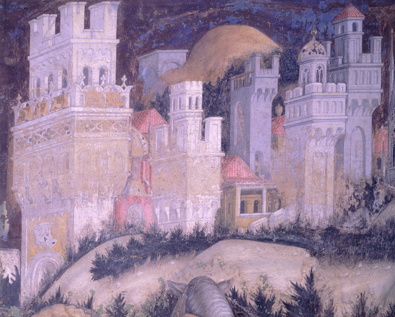Szent György és hercegnő, tornyos város, Antonio Pisanello (1395-1455), freskó, Szent Anasztázia-bazilika, Verona alkotó: Antonio Pisanello