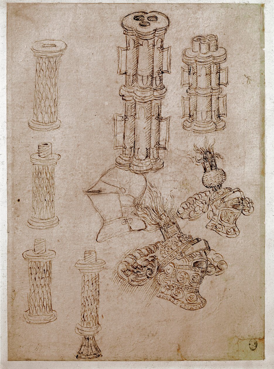 Három sisak és két fegyver letört. Antonio di Puccio Pisano dit Pisanello (1395-1455) rajza Barna tus, fekete kő, toll. Mérete: 28,7x20,6 cm. Louvre, rajzoló cég alkotó: Antonio Pisanello