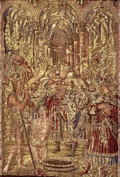 Keresztelő Szent János bejelenti Krisztus küldetését a farizeusoknak, a szent életéből vett jeleneteket ábrázoló kárpit (textil) alkotó: Antonio Pollaiuolo
