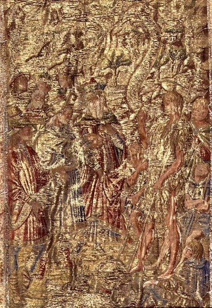 Keresztelő Szent János a főpapok és a léviták előtt, a szent életéből vett jeleneteket ábrázoló kárpit (textil) alkotó: Antonio Pollaiuolo