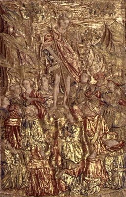Keresztelő Szent János prédikál a sokaságnak, a szent életéből vett jeleneteket ábrázoló faliszőnyeg (textil) alkotó: Antonio Pollaiuolo