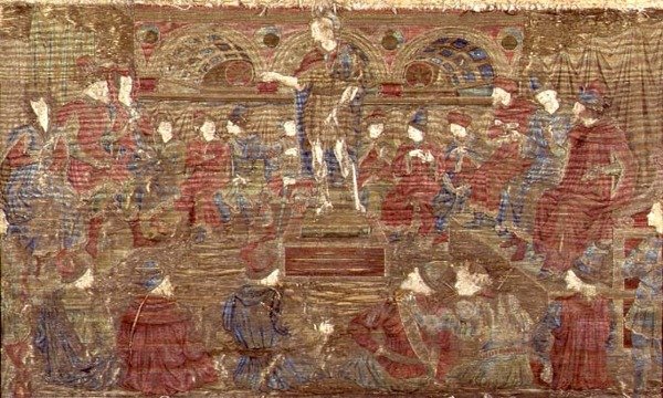 Keresztelő Szent János, Heródes megrovása, a szent életéből vett jeleneteket ábrázoló faliszőnyeg (textil) alkotó: Antonio Pollaiuolo