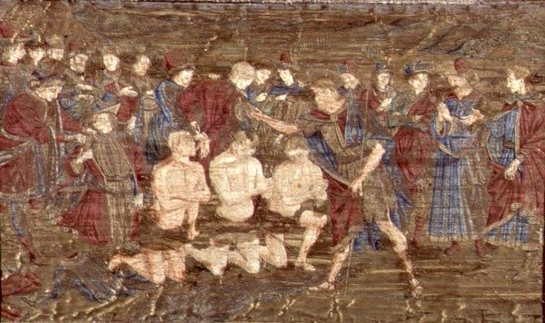 A neofiták megkeresztelése, Keresztelő Szent János életéből vett jeleneteket ábrázoló faliszőnyeg (textil) alkotó: Antonio Pollaiuolo