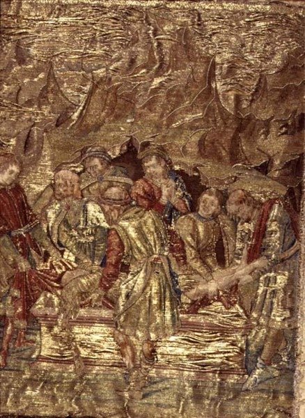 Keresztelő Szent János temetése, a szent életéből vett jeleneteket ábrázoló faliszőnyeg (textil) alkotó: Antonio Pollaiuolo