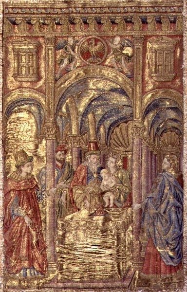 A körülmetélés, Keresztelő Szent János életéből vett jeleneteket ábrázoló faliszőnyeg (textil) alkotó: Antonio Pollaiuolo