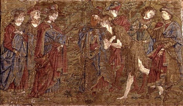 Keresztelő Szent János és Krisztus találkozása, a szent életéből vett jeleneteket ábrázoló faliszőnyeg (textil) alkotó: Antonio Pollaiuolo