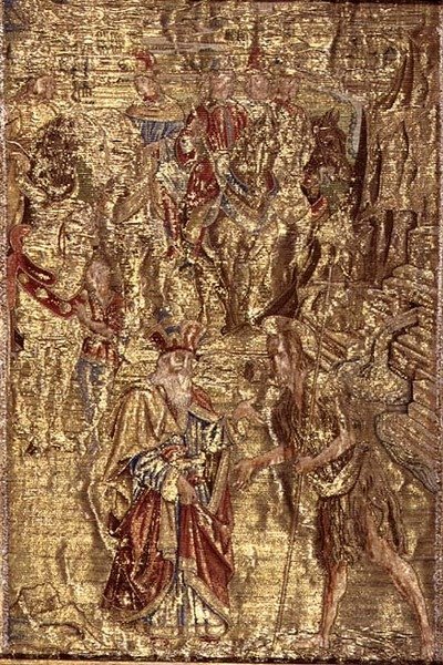 Keresztelő Szent János és a főpap találkozása, a szent életéből vett jeleneteket ábrázoló kárpit (textil) alkotó: Antonio Pollaiuolo