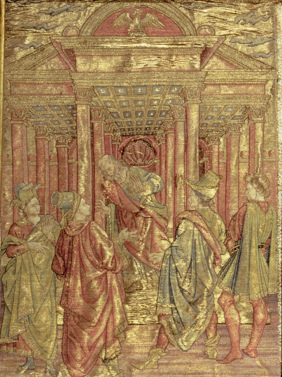 Zacharias elhagyja a templomot, Keresztelő Szent János életéből vett jeleneteket ábrázoló faliszőnyeg (textil) alkotó: Antonio Pollaiuolo