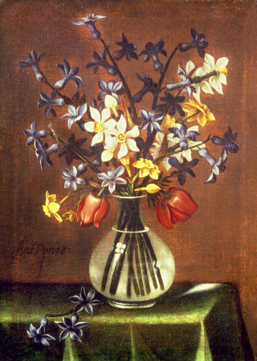 Virágcsendélet, köztük jácint, tulipán és fácánszem (olaj) alkotó: Antonio Ponce