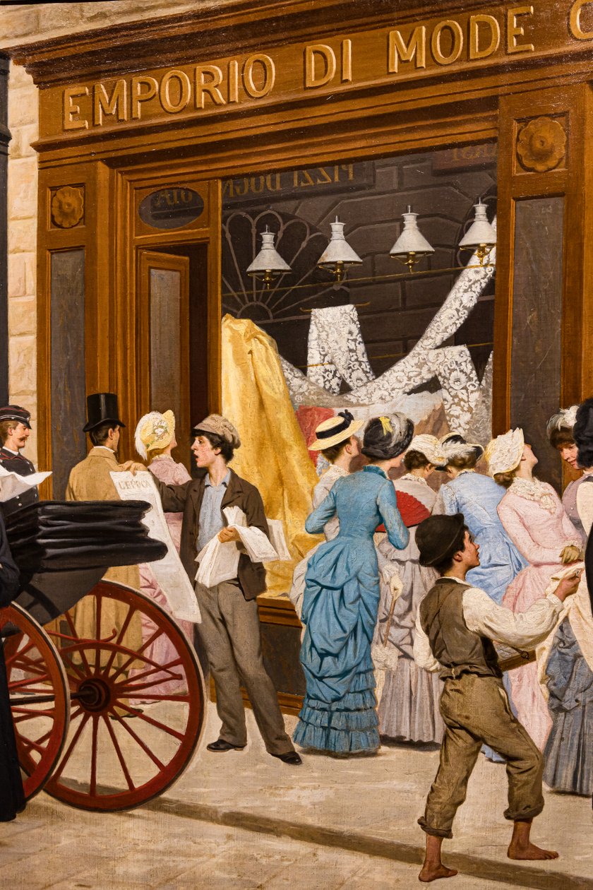 A korszak, részlet a kirakatot nézegető nőkről, egy városi síróról és egy fiúról alkotó: Antonio Puccinelli