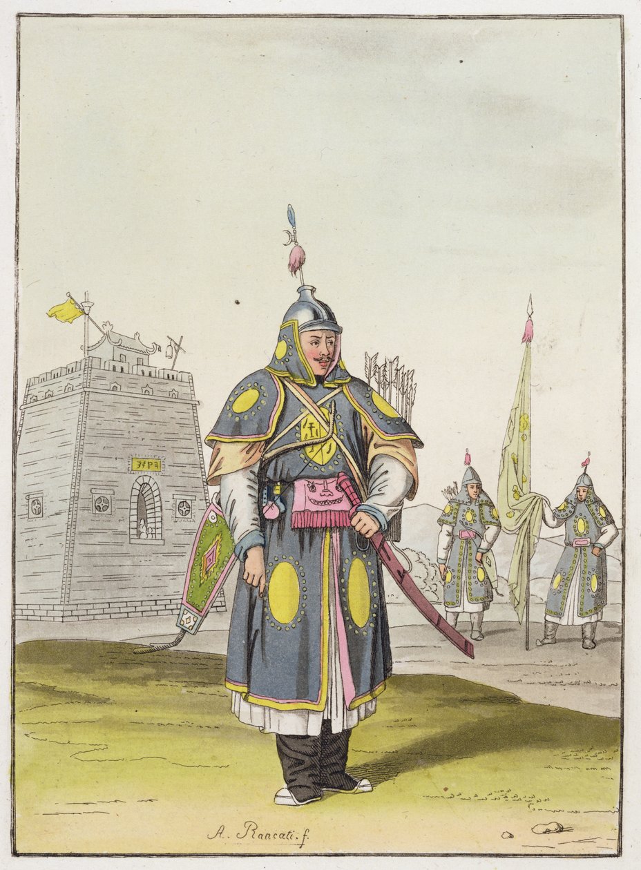 Kínai katona teljes harci ruhában, illusztráció Giulio Ferrario „Le Costume Ancien et Moderne” című művéből, az 1820-as és 30-as évek körül megjelent alkotó: Antonio Rancati