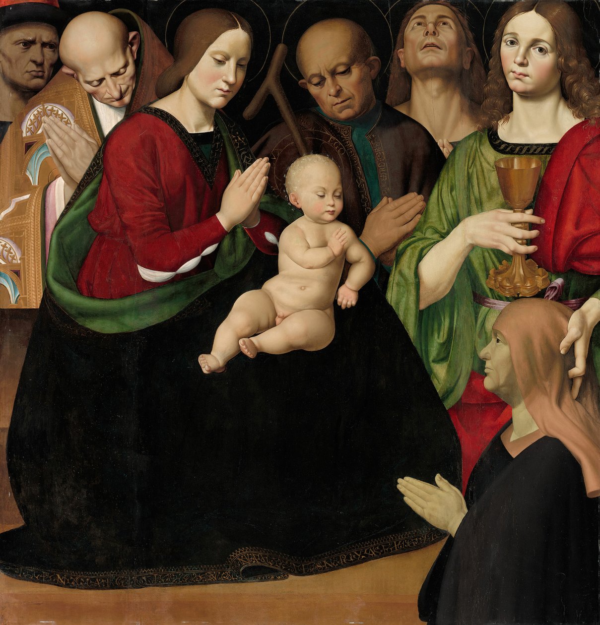 A Szent Család négy szenttel és egy női adományozóval, c. 1510. alkotó: Antonio Rimpacta