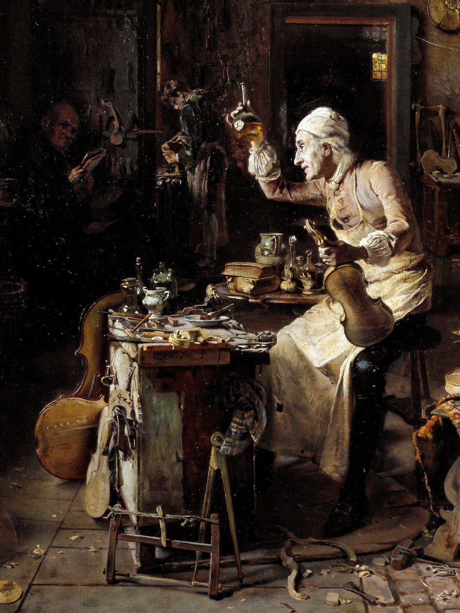 Részlet: „” Stradivarius olasz lantművész (1644-1737) a műhelyében”” Antonio Rinaldi festménye (19. század) 1886 Cremone, Museo Civico alkotó: Antonio Rinaldi