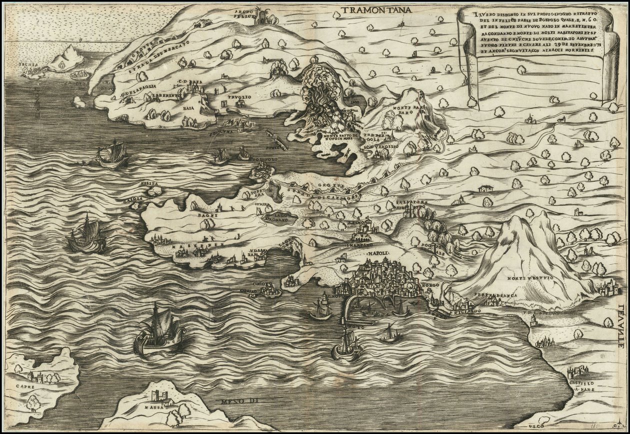 Antonio Salamanca 1538 Il Vero Disegnio In Sui Propio Luogho Ritratto Del In Felice Paese Di Posuolo Quale E. M. 60 et del Monte di Nuovo Nato In Mare Et In Terra , , , 29 de Setenbre 1538 alkotó: Antonio Salamanca