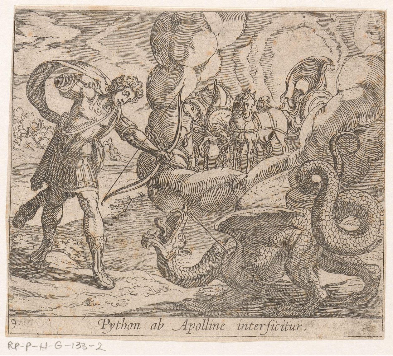 Apollo előállítja a Pythont A Pythont megölte Apollo (cím az objektumon) Metamorfózis vagy átalakulások (sorozat címe) Metamorfosen van Ovidius (sorozat címe) alkotó: Antonio Tempesta