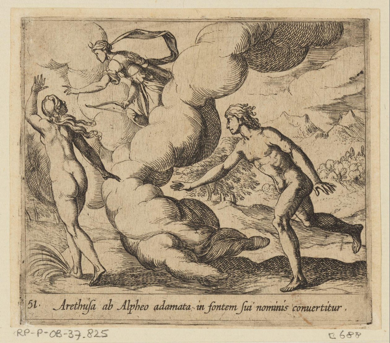 Arethusa wordt achtervolgd ajtó Alpheus Arethusa, aki beleszeretett Alfeuszba, nevének forrásává válik (cím a tárgyon) Metamorfózis vagy átalakulások (sorozat címe) Metamorfosen van Ovidius (sorozat címe) alkotó: Antonio Tempesta