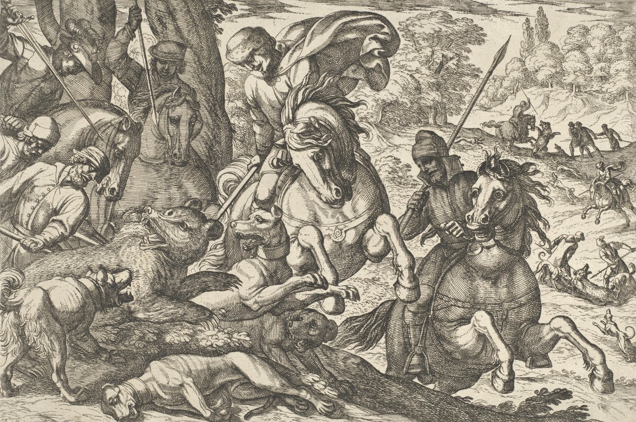 Medvevadászat, a „Vadászati jelenetek VI”-ból, 1609. alkotó: Antonio Tempesta