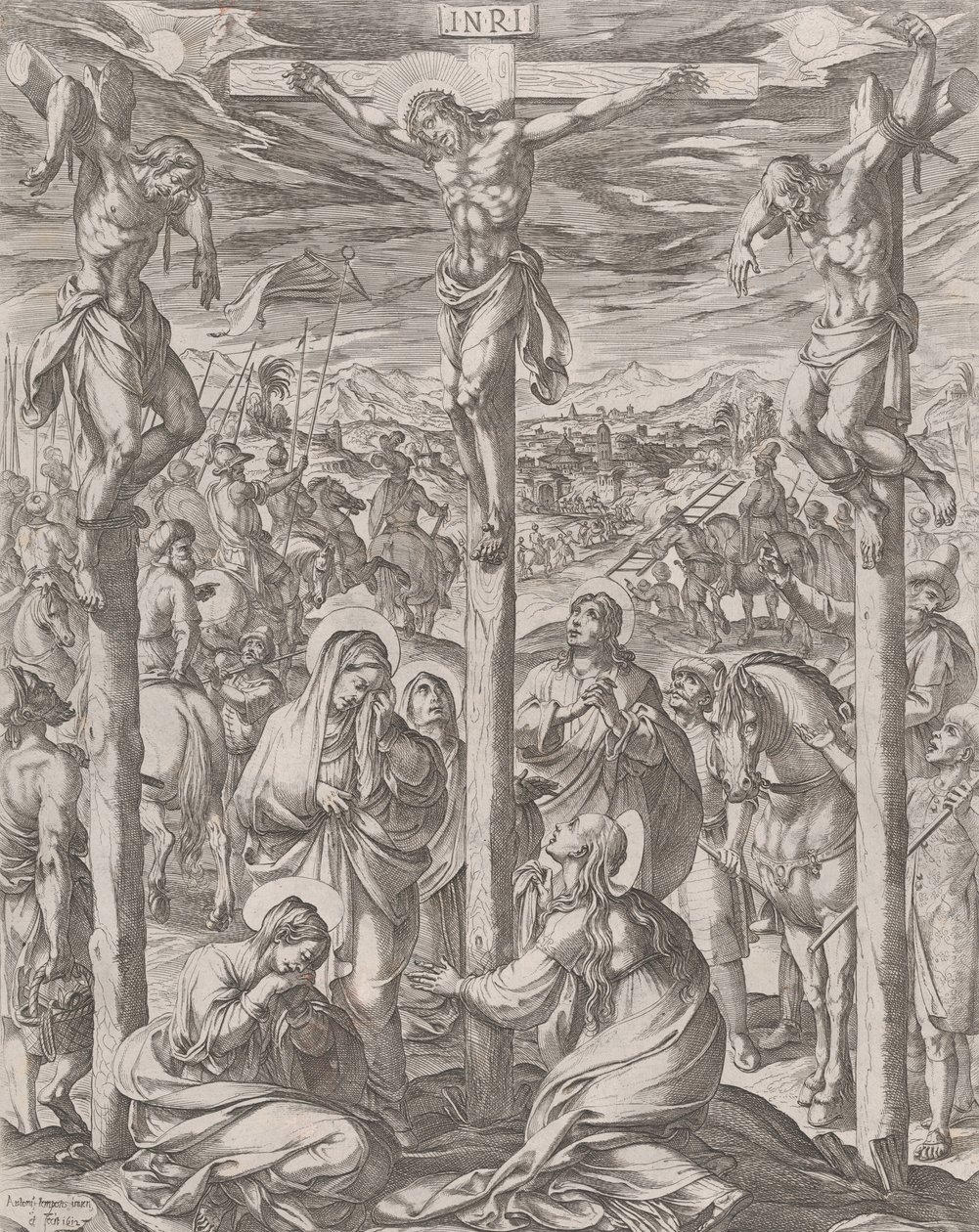 A két tolvaj, a három Mária között keresztre feszített Krisztus a kereszt tövében, 1612. alkotó: Antonio Tempesta