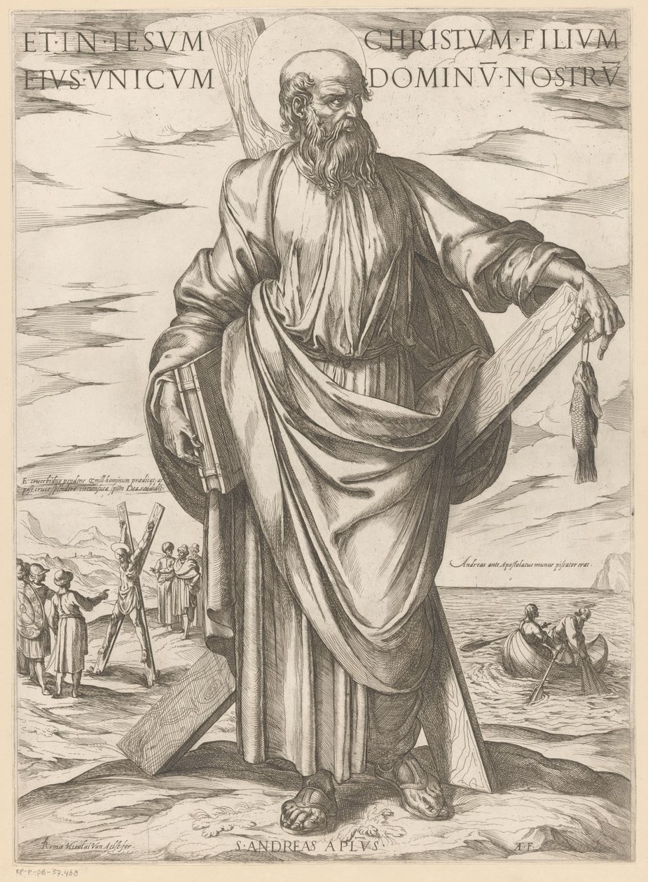 Szent Andrásé És Jézus Krisztusban, az egyetlen fiában, a mi Urunkban (cím a tárgyon) Krisztus, Mária en de apostle (sorozat címe) alkotó: Antonio Tempesta