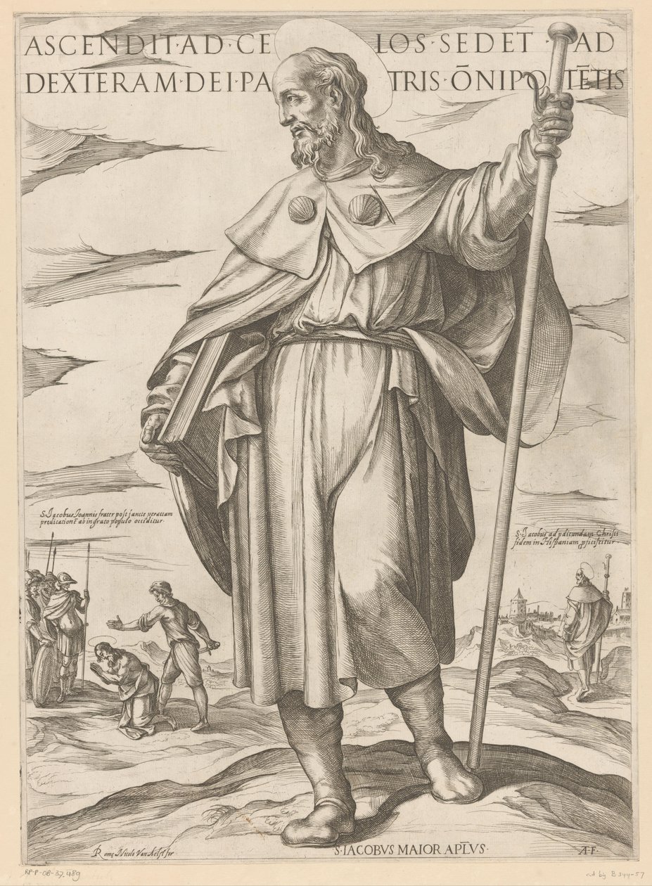 De heilige Jakobus de Meerdere Aki felment a mennybe, Istennek, a Mindenható Atyjának jobbján ül (cím a tárgyon) Krisztus, Mária en de apostle (sorozat címe) alkotó: Antonio Tempesta