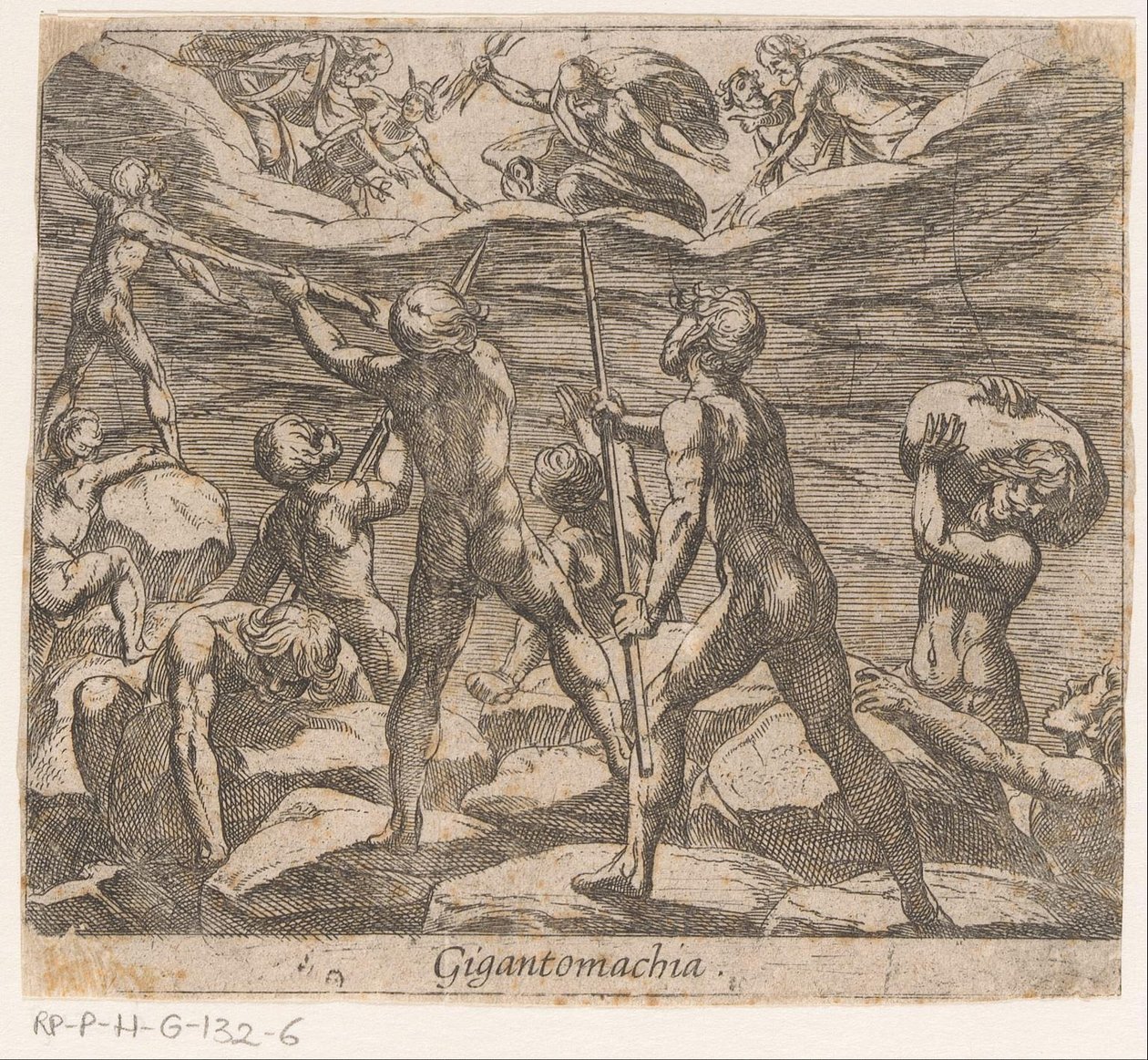 Az óriások megpróbálják megtámadni az Olimposzt Gigantomachia (cím a tárgyon) Metamorphoseon sive transformationum (sorozat címe) Ovidius metamorfózisai (sorozat címe) alkotó: Antonio Tempesta