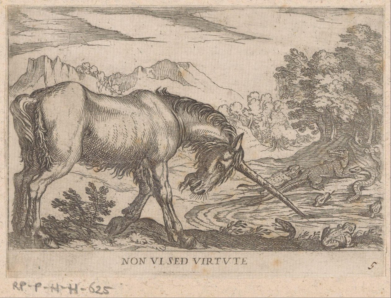 Egy egyszarvú gyíkokat kerget egy tóból Nem látható virtute (cím a tárgyon) Fighting Animals (sorozat címe) alkotó: Antonio Tempesta