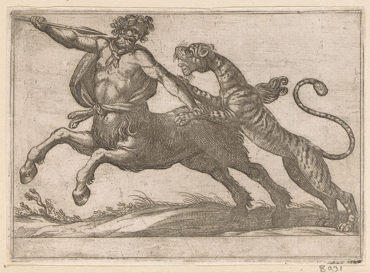 Egy tigris egy kentaurral harcol Harc állatok (sorozat címe) alkotó: Antonio Tempesta
