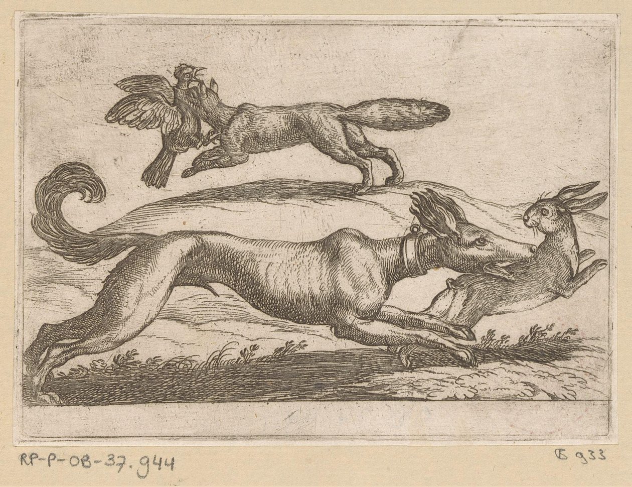 A róka megtámad egy csirkét, a kutya a nyulat Fighting Animals (sorozat címe) alkotó: Antonio Tempesta