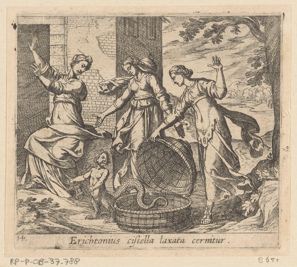 Erichthonius uit zijn mand gelaten Erichthonius egy laza kosárral látható (cím a tárgyon) Metamorfózis vagy átalakulások (sorozat címe) Metamorfosen van Ovidius (sorozat címe) alkotó: Antonio Tempesta