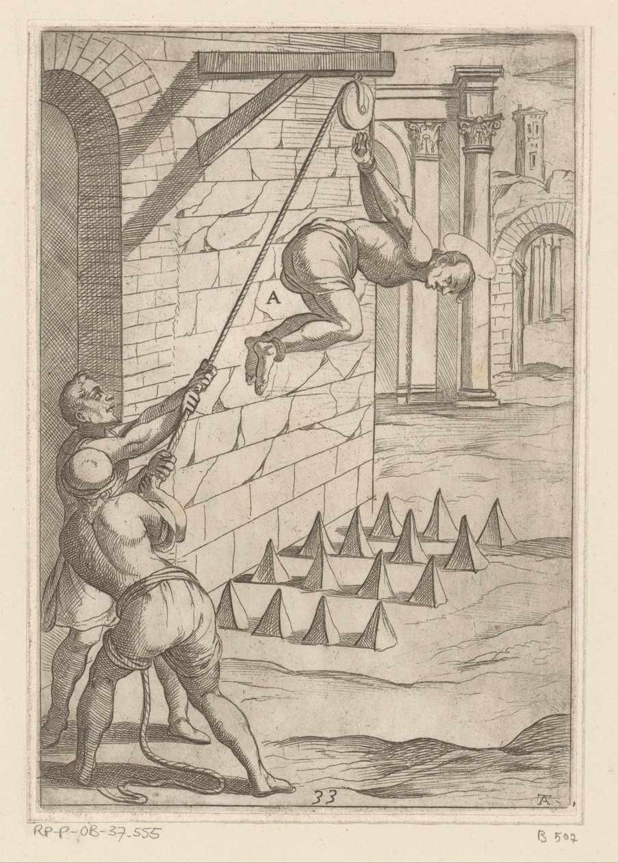 Kínzás: leejtés éles pontokon Keresztény mártírok által elszenvedett kínzások (sorozat címe) Varia tormentorum et supplicioru crudelium (...) (sorozat címe) alkotó: Antonio Tempesta