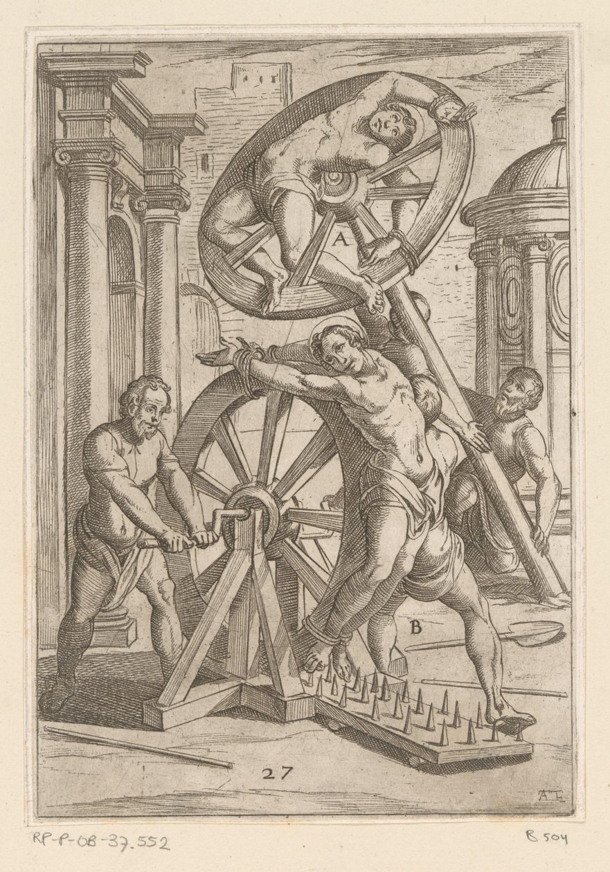 Kínzás éles hegyekkel és kerekekkel Keresztény mártírok által elszenvedett kínzások (sorozat címe) Varia tormentorum et supplicioru crudelium (...) (sorozat címe) alkotó: Antonio Tempesta