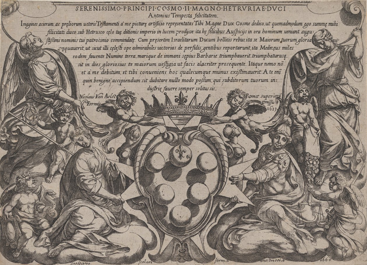 Az Ószövetség csatáinak homlokzata Medici karjaival, amelyet ... koronázott meg, 1660. alkotó: Antonio Tempesta