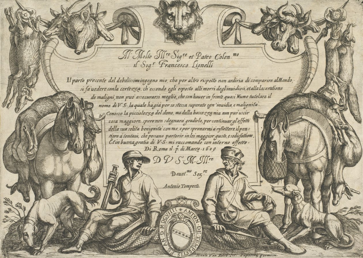 Elülső rész vadászokkal, kutyákkal és lovakkal, a „Vadászati jelenetek VI”-ból, 1609. alkotó: Antonio Tempesta