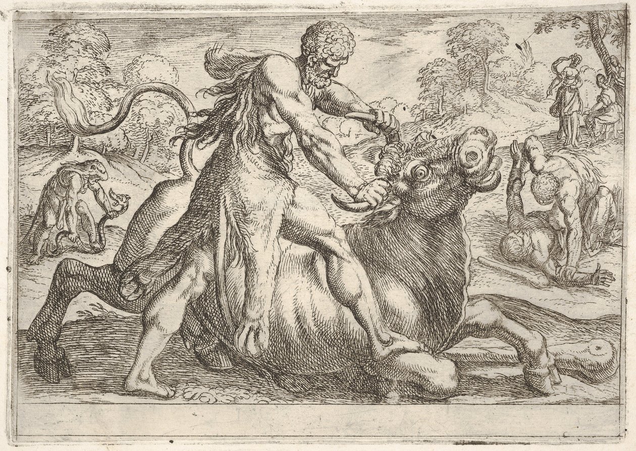 Herkules és Achelous: középen Herkules megragadja a bika szarvát, miközben megnyomja a ri..., 1608. alkotó: Antonio Tempesta