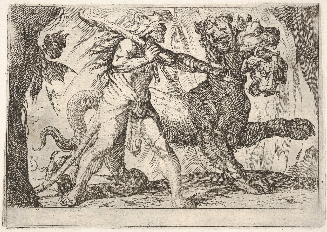 Herkules és Cerberus: Herkules megragadja Cerberus gallérját, balra két démon jelenik meg..., 1608. alkotó: Antonio Tempesta