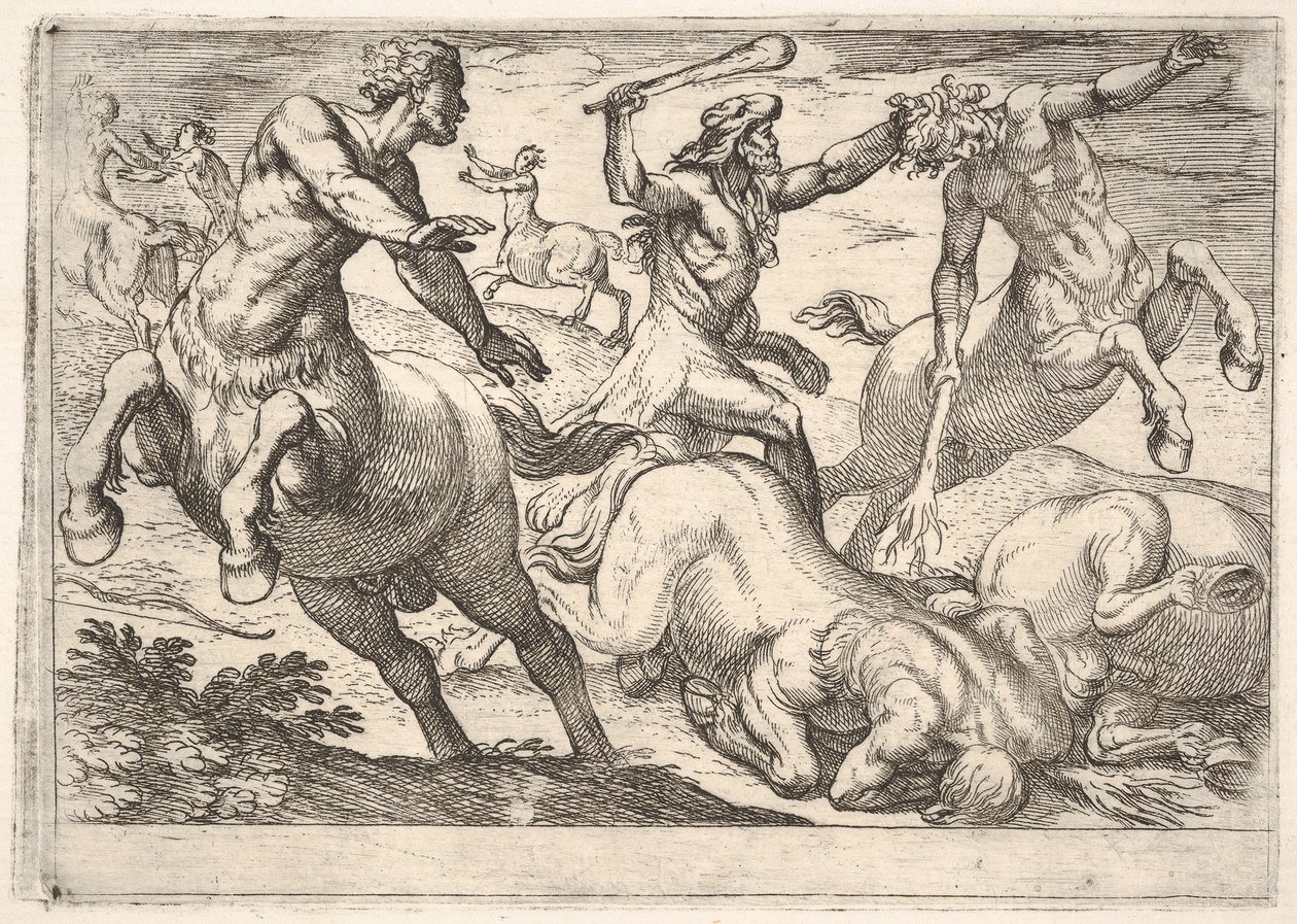 Herkules és a kentaurok: Herkules bal kezével tartja a kentaur fejét és rai..., 1608. alkotó: Antonio Tempesta