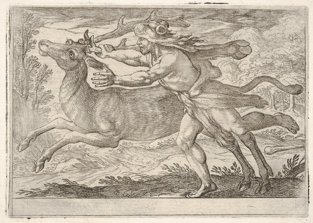 Herkules és a Cerynea-hegy hátulja: Herkules a háta mellett halad, és megragadja a..., 1608. alkotó: Antonio Tempesta