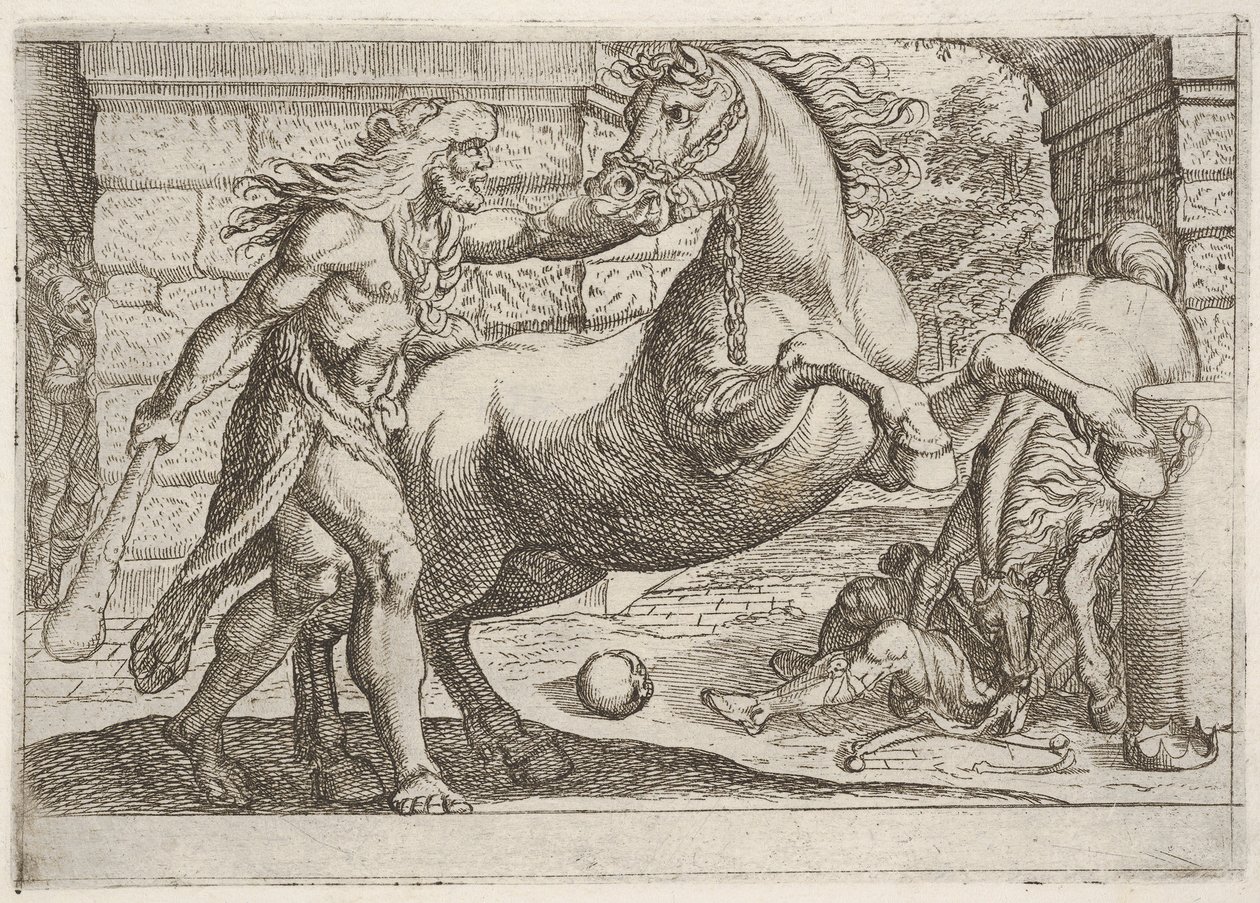 Herkules és a Diomédeszi kancák: Herkules megragadja egy nevelő ló kantárját, egy második..., 1608. alkotó: Antonio Tempesta