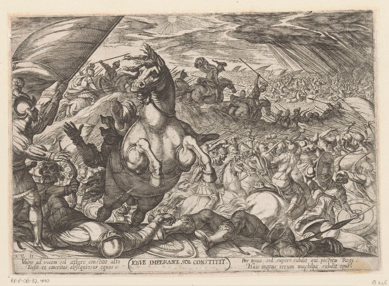 Joshua megparancsolja a napnak, hogy álljon meg Iosue imperante sol constitit (cím az objektumon) Ószövetségi csatajelenetek (sorozat címe) alkotó: Antonio Tempesta