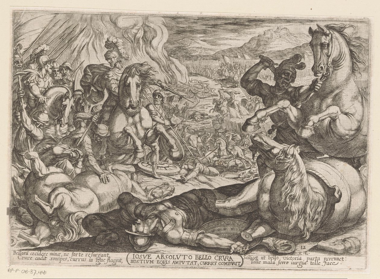 Józsué megbénítja a lovakat és elégeti a nemzetek szekereit Iosue absoluto bello crura hostium equis equis amputat, currus comburit (cím a tárgyon) Ószövetségi csatajelenetek (sorozat címe) alkotó: Antonio Tempesta