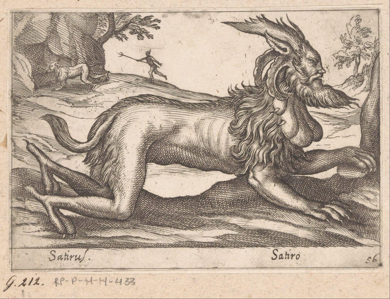 szörnyű lény Satirus/ Satiro (cím a tárgyon) Állatok és mitikus lények (sorozat címe) Nova raccolta de li animali piu curiosi del mondo (sorozat címe) alkotó: Antonio Tempesta
