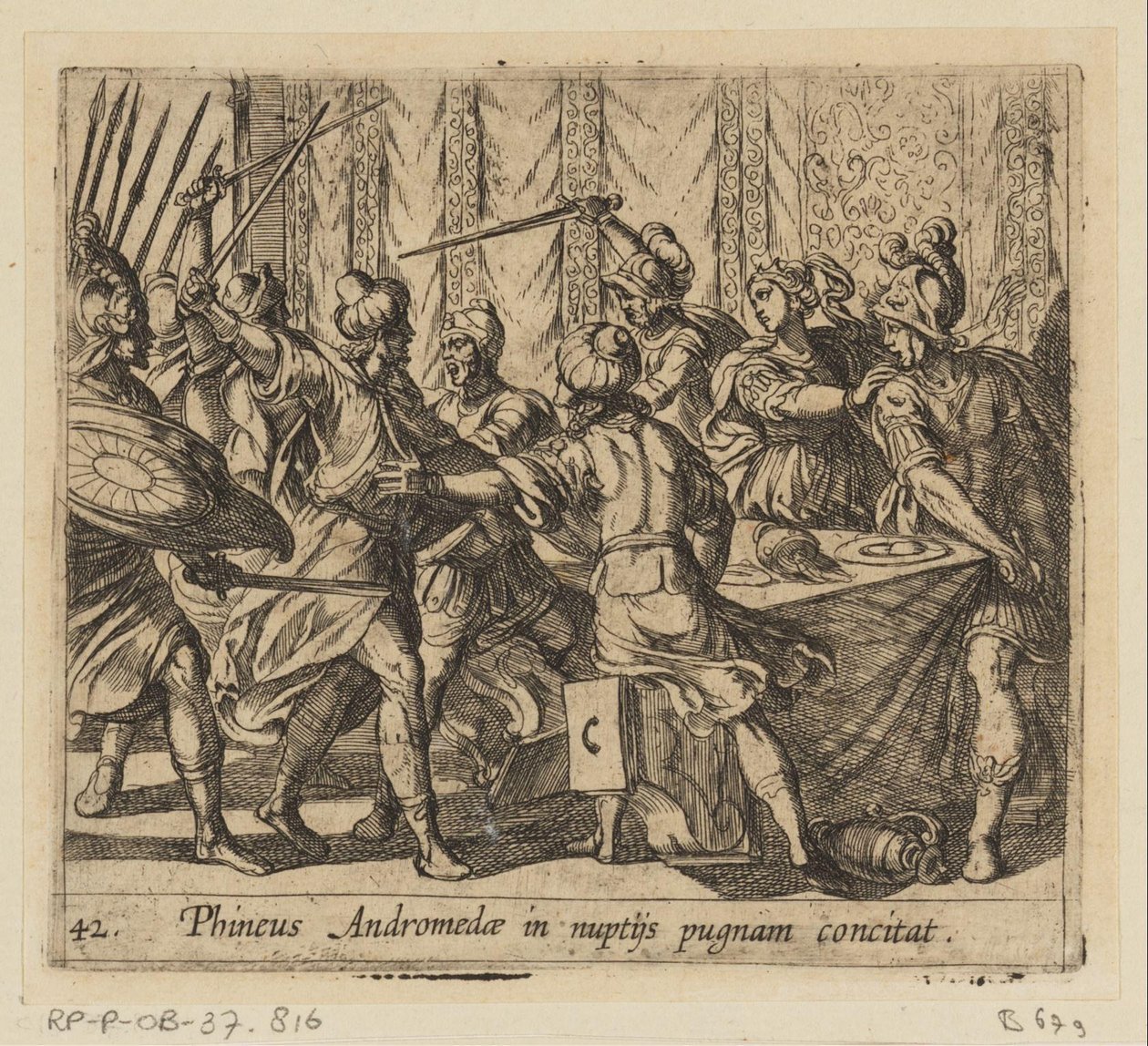 Phineus verstoort Perseus en Andromeda esküvője Phineus verekedésre provokálja Andromédát az esküvőjén (cím a tárgyon) Metamorfózis vagy átalakulások (sorozat címe) Metamorfosen van Ovidius (sorozat címe) alkotó: Antonio Tempesta
