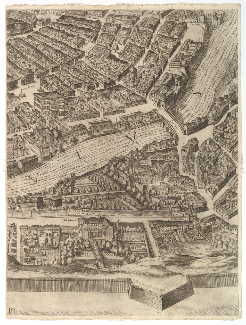 Róma város terve. 10. rész a Tiberissel és a Villa Farnesinával, 1645. alkotó: Antonio Tempesta
