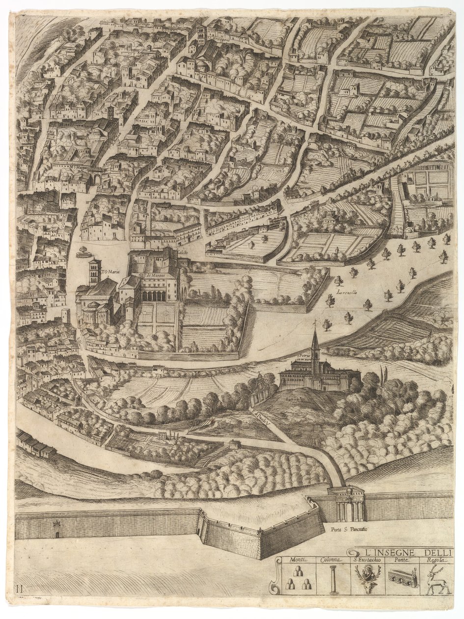 Róma város terve. 11. rész a San Pancrazio bal partjával, 1645. alkotó: Antonio Tempesta