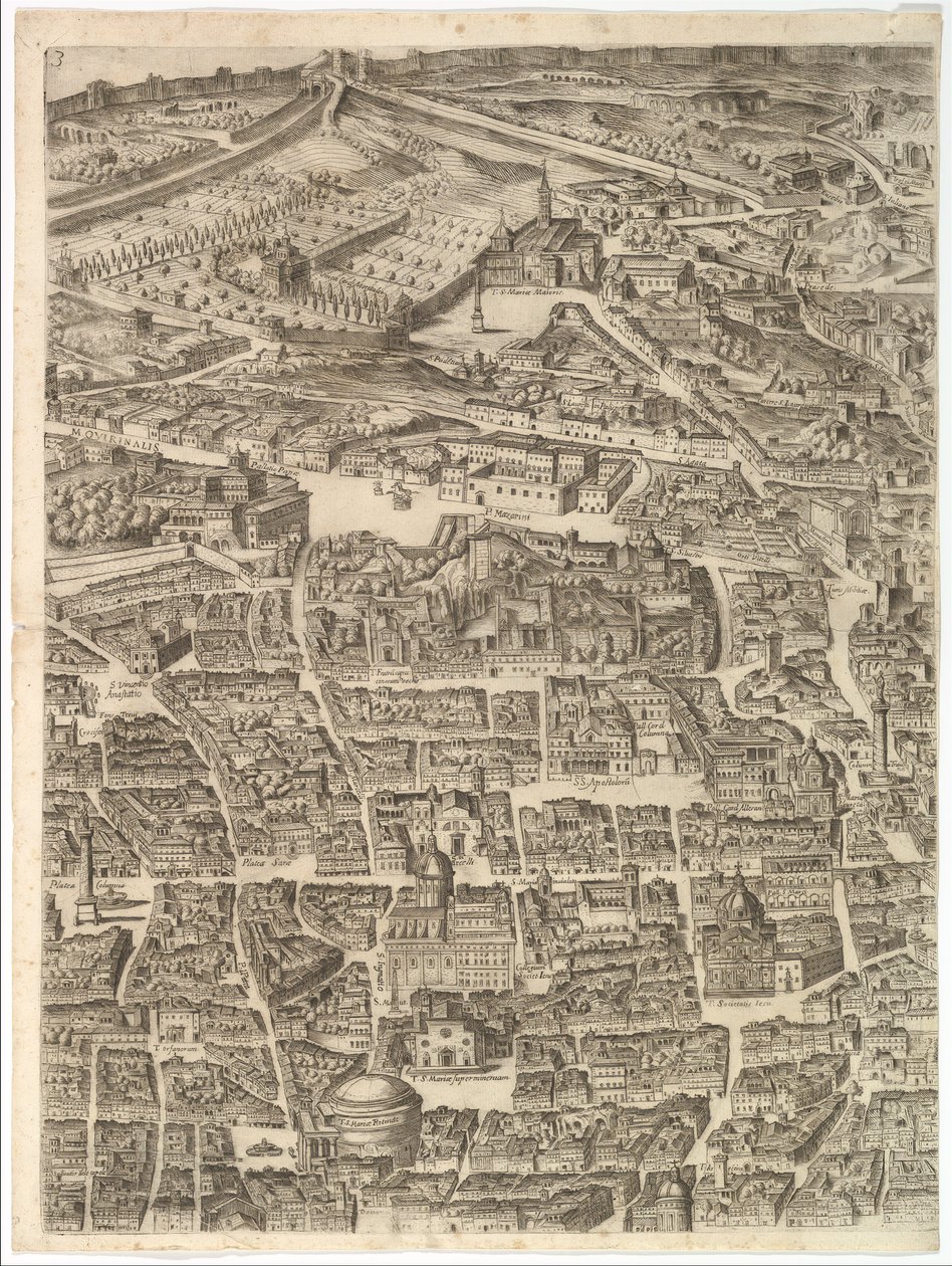 Róma város terve. 3. rész a Santa Maria Maggiore-val, a Pantheonnal és Traianus..., 1645. alkotó: Antonio Tempesta