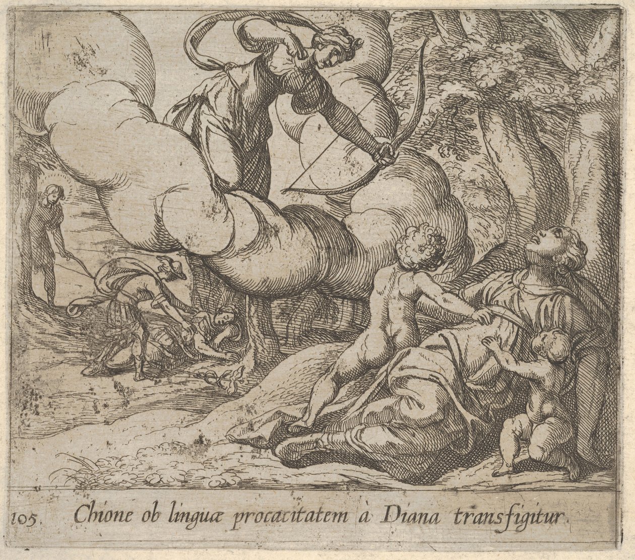 105. tábla: Diana Chione felé irányítja az íját, akit két gyerek kísér, az anot...-ban, 1606. alkotó: Antonio Tempesta