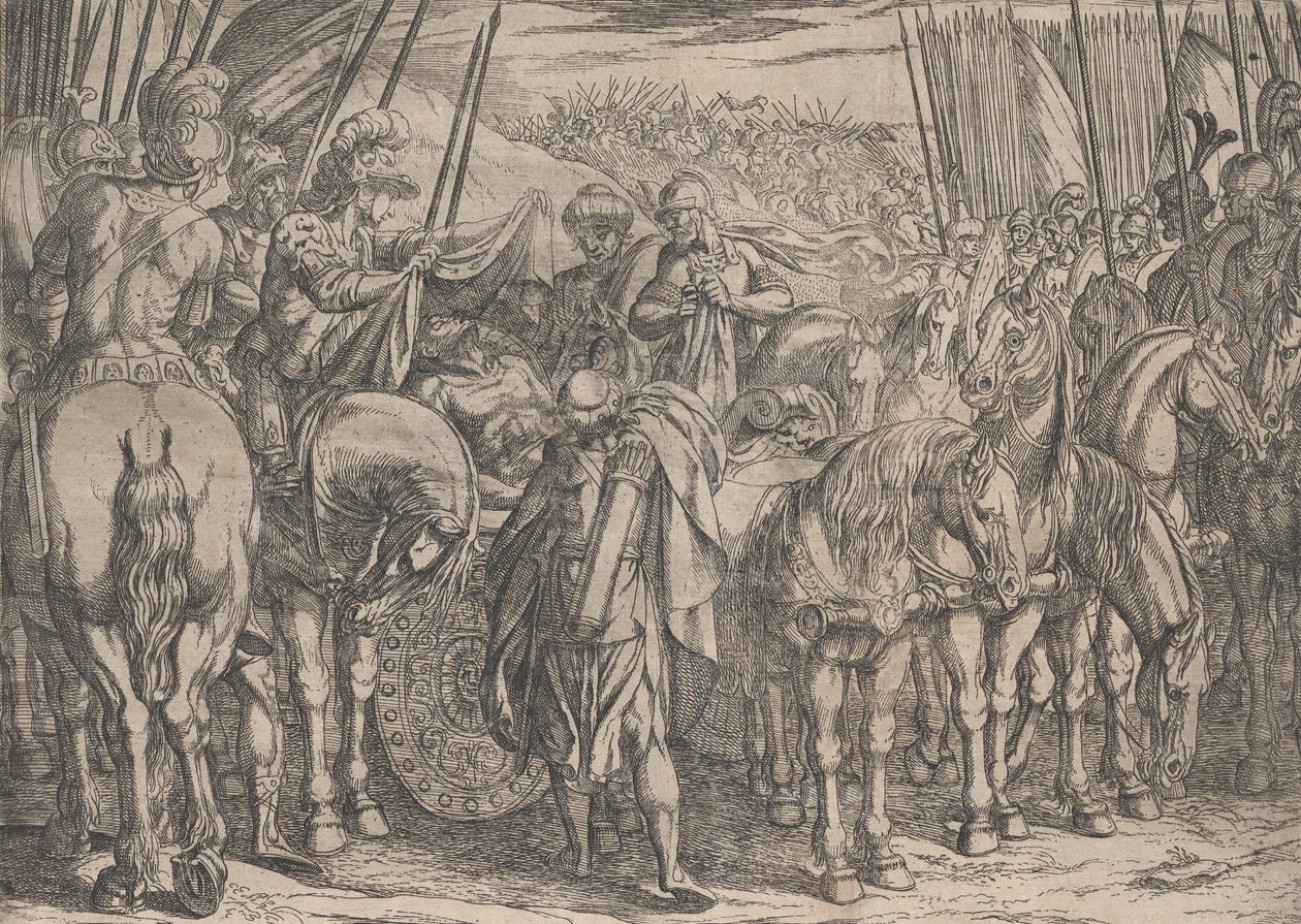 10. tábla: Sándor megtalálja Dareiosz testét, Nagy Sándor tetteiből, 1608. alkotó: Antonio Tempesta