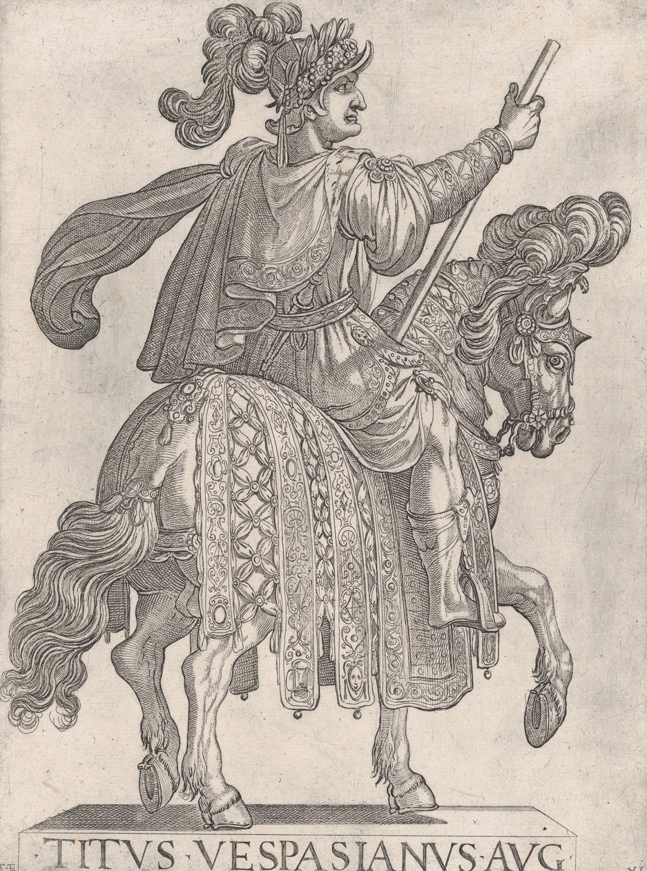 11. tábla: Titus Vespasianus lóháton, jobbra fordulva az „Első tizenkét császártól o...”, 1575-1630. alkotó: Antonio Tempesta