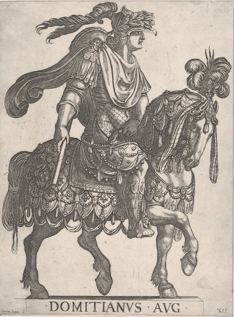 12. tábla: Domitianus császár lóháton, az „Első Tizenkét Császártól...”, 1575-1630. alkotó: Antonio Tempesta